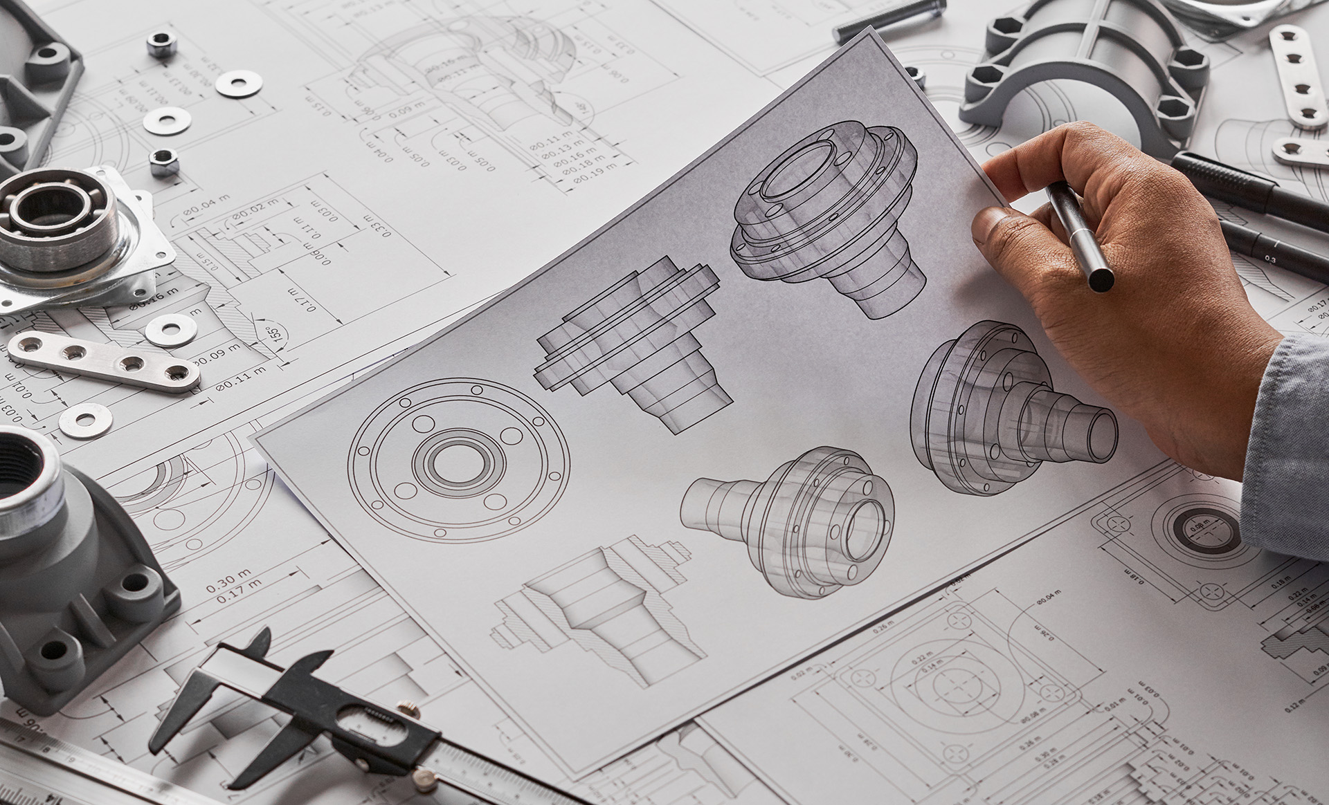 Engineer technician designing drawings mechanical parts engineering Engine